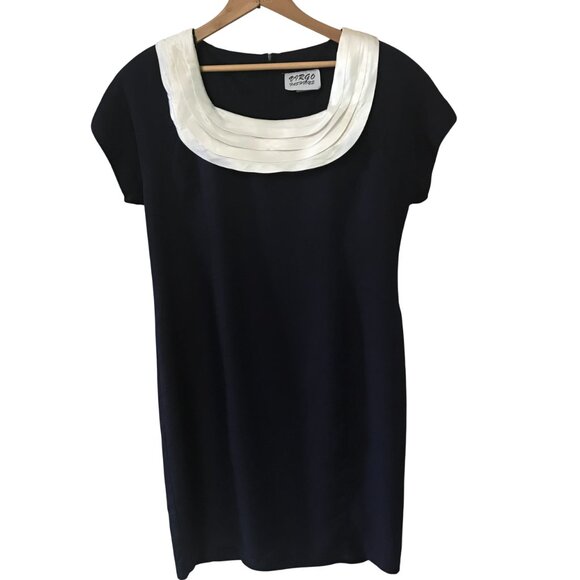 Virgo Fashions Vintage Pleated Collar Dress: 70s Navy White, Size 14 - Picture 2 of 11